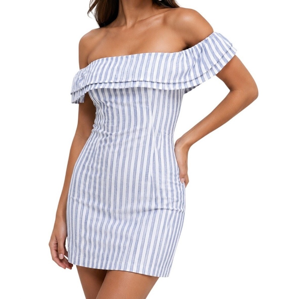 Lulus Blue White Striped Off Shoulder Resort Vacation Mini Dress NWT Small